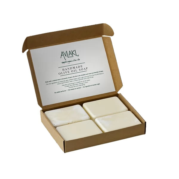 Image of the inside of a four pack box of olive oil soaps by Avlaki