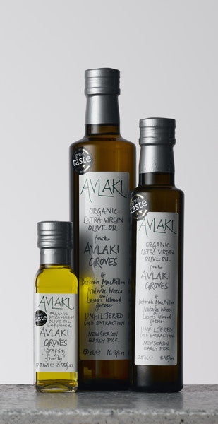 An image of the Avlaki Groves olive oil bottles in 500ml, 250ml and 100ml sizes.