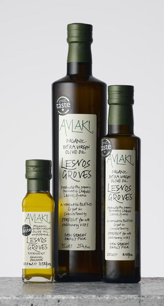 An image of the three sizes of Lesvos Groves olive oil bottles - 750ml, 250ml and 100ml by Avlaki.
