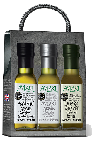 An image of the triplet Avlaki gift set, featuring all three oils , Avlaki, Agatherí and Lesvos in 100ml sizes.