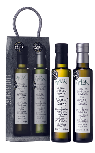 Image of the 250ml olive oil gift set featuring Agatherí Groves and Avlaki Groves oils.