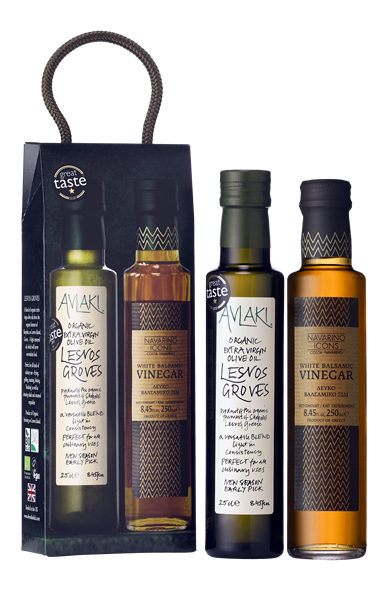Image of an Avlaki gift set featuring a 250ml bottle of Lesvos Groves olive oil and a 250ml bottle of Navarino Icons white balsamic vinegar.